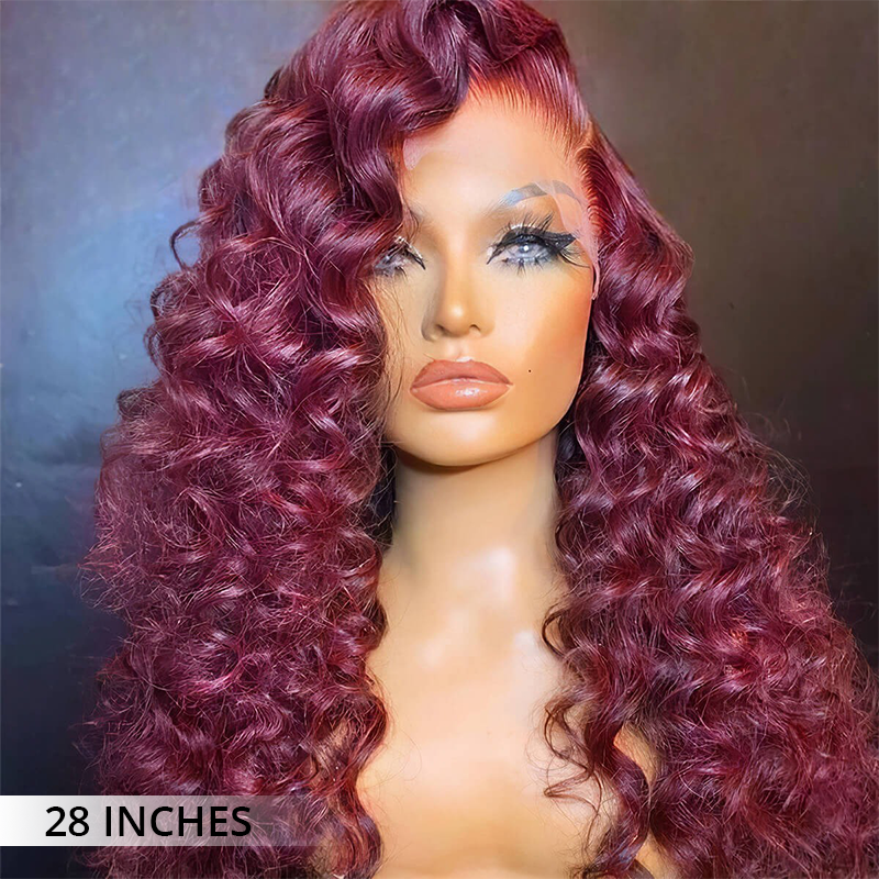 Zlike 300% Density 99J Burgundy Loose Deep Wigs Transparent Lace Front Virgin Human Hair Wigs