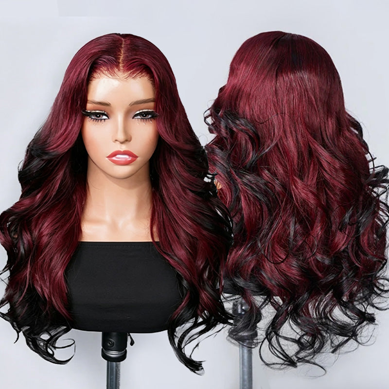 Zlike New In 13x6 Wear Go Pre-Styled Butterfly Cut Burgundy with Black Highlights Glueless Lace Wig With Invisi Draw-string Wigs