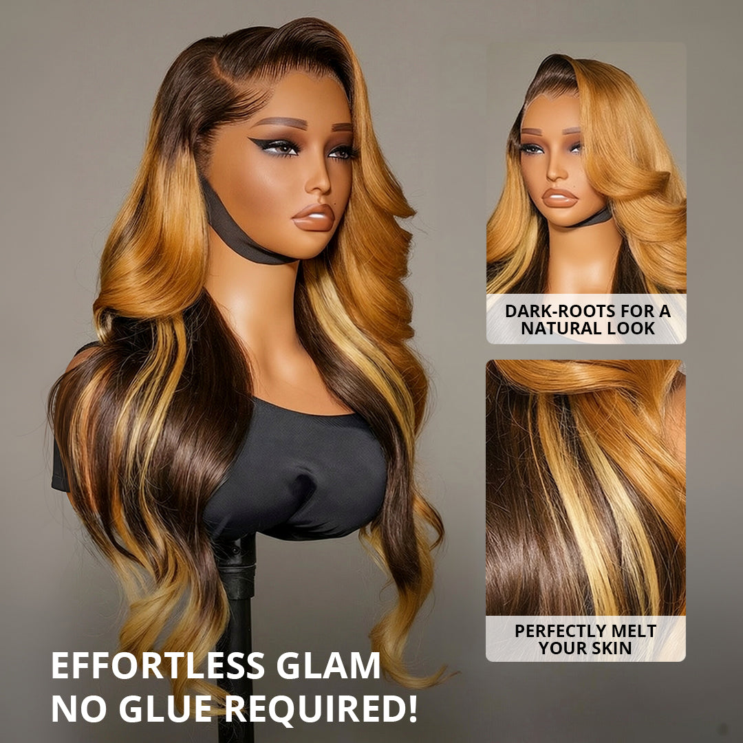 Zlike Amber Cocoa Highlight Body Wave 13x6 Transparent Lace Front Wigs M Hairline With Drawstring Glueless Human Hair Wigs