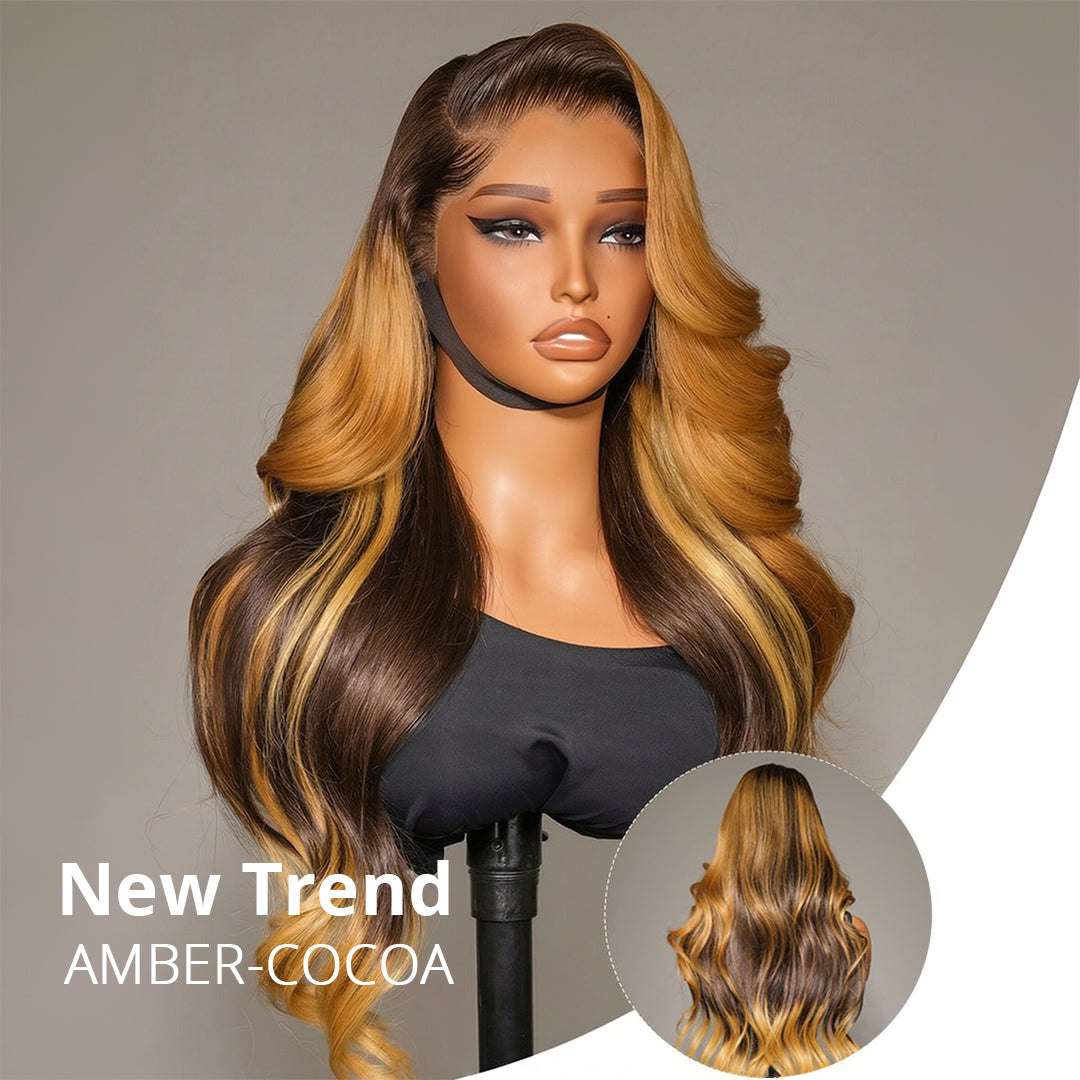 Zlike Amber Cocoa Highlight Body Wave 13x6 Transparent Lace Front Wigs M Hairline With Drawstring Glueless Human Hair Wigs