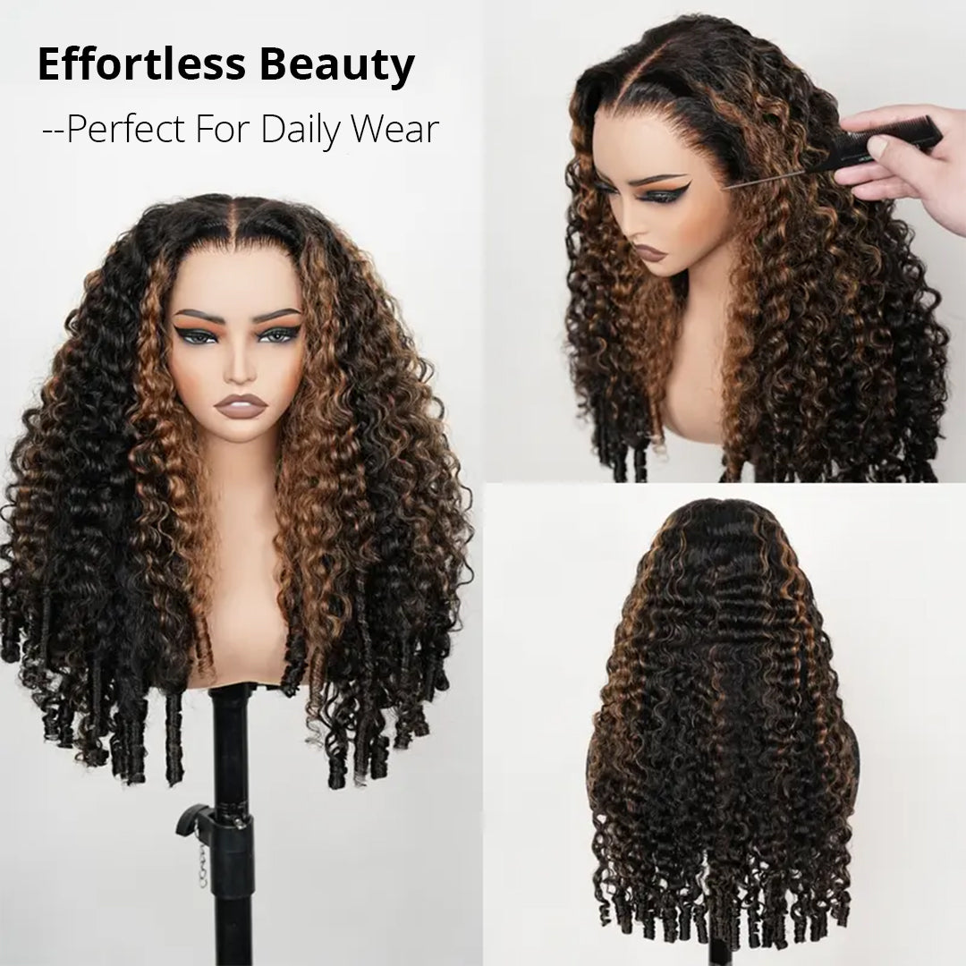 Zlike 13x6 Burmese Curly Ready To Wear Highlight Lace Front Glueless Wigs Human Hair for Beginners With Finger Coil Ends Pre Cut Lace