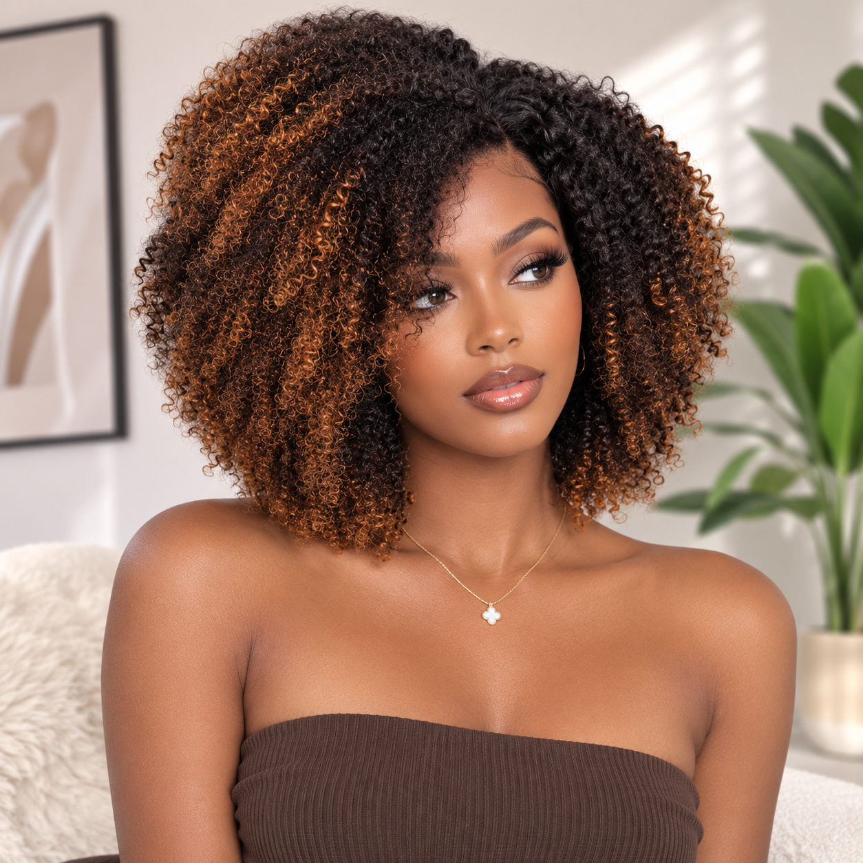 Zlike Black to Golden Brown Dip Dyed Coily Wave 5x5 Lace Glueless Human Hair Wig