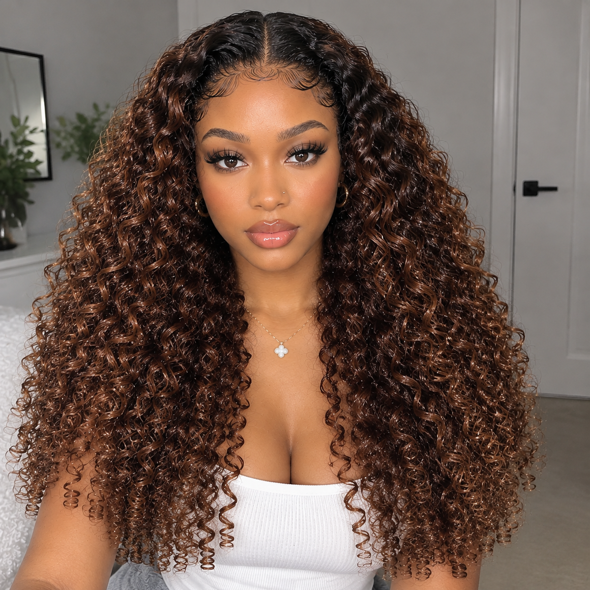Zlike 13x6 Black Root with Reddish Brown Highlights Jerry Curly with Burmese Curly Human Hair Wig 250% Density Glueless Lace Front Wig