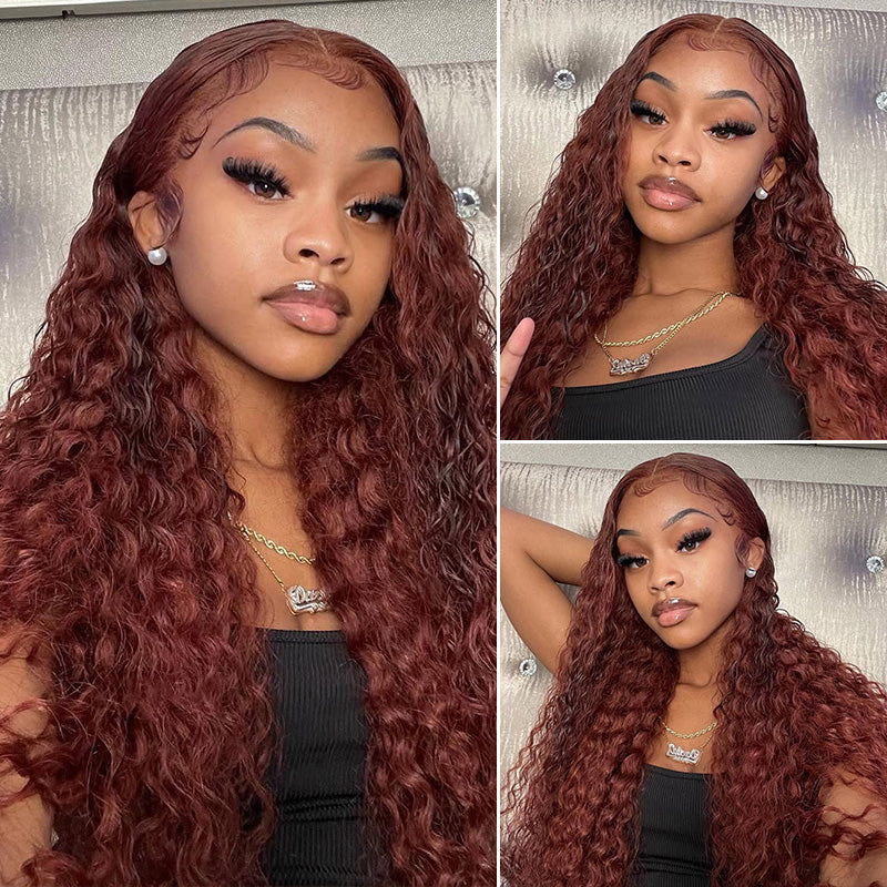 Pre Plucked Reddish Brown #33 Water Wave Transparent Lace Front Wig Human Hair Wigs For Women