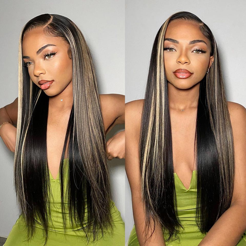 Balayage Highlight Colored Straight Wigs 13x4 Lace Frontal Wigs With Baby Hair