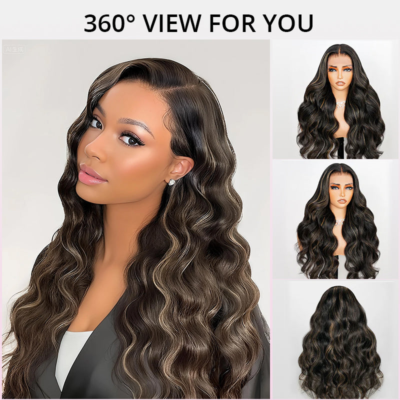 Golden Highlight Colored Body Wave Wigs Pre Cut Lace Front Human Hair Glueless Wigs With Natural Hairline