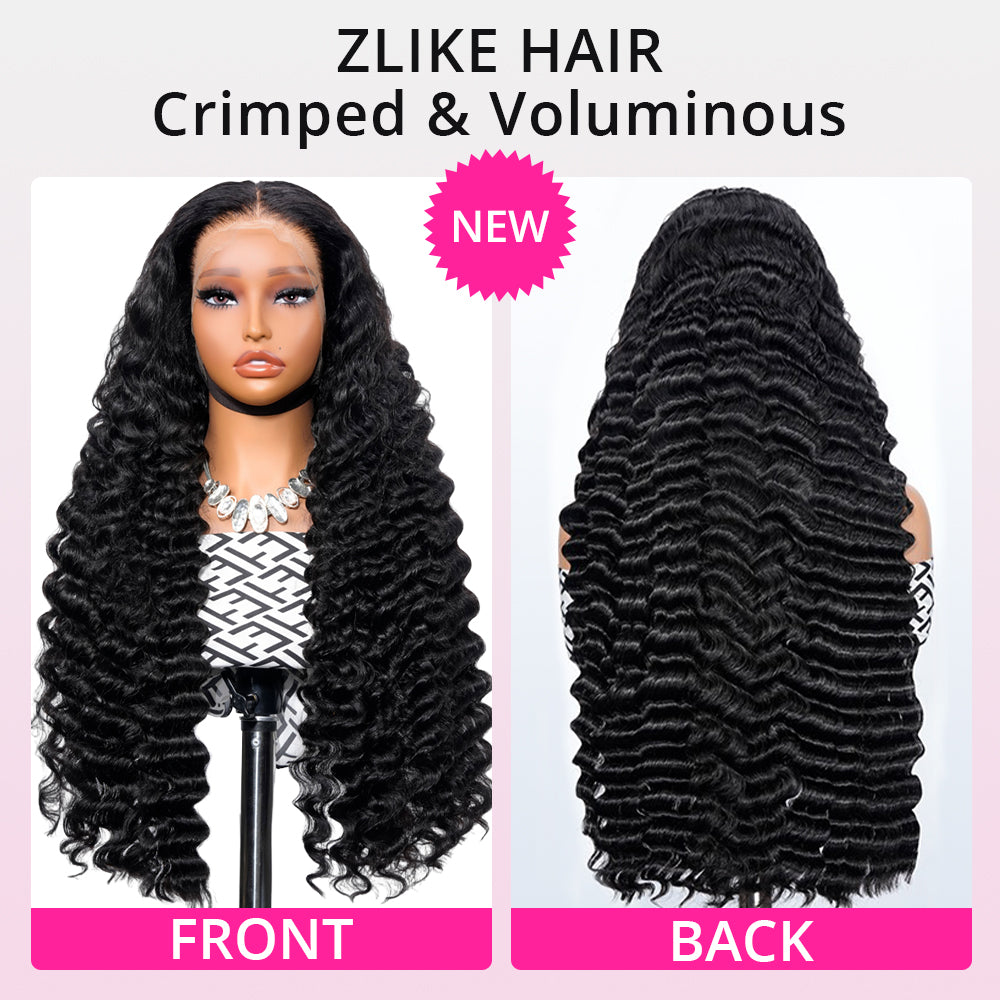 Zlike Luxury Bouncy Crimped Wave Long Hair Wigs 300% Density 100% Human Hair Lace Front Wigs For Women