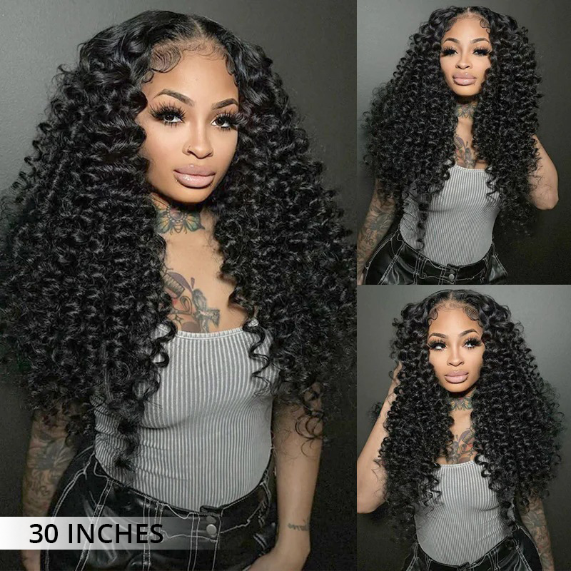 Super Bouncy Deep Wave Lace Wig Bleached Knots Human Hair 250% Density Transparent Lace Closure Wigs