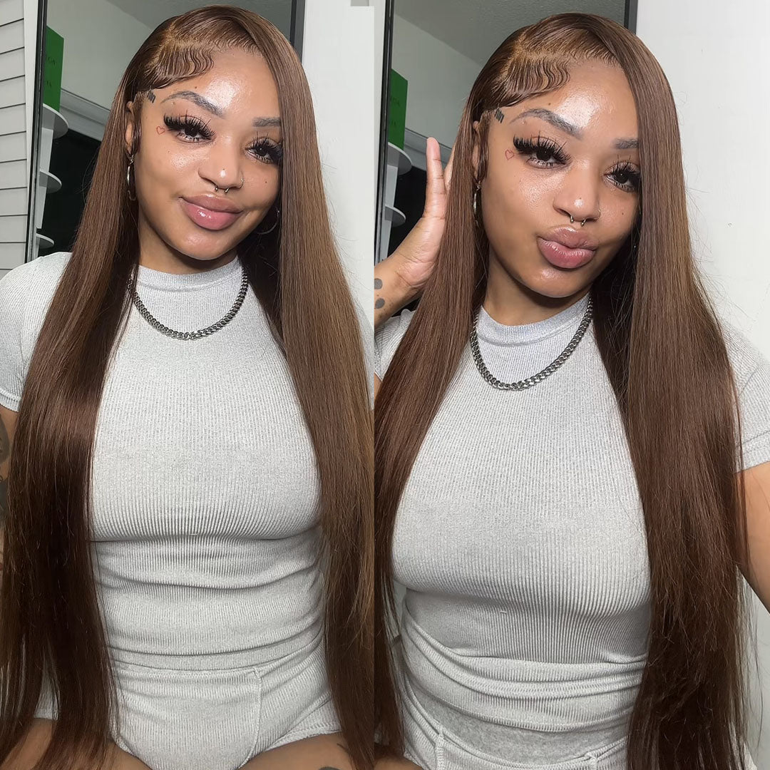 Zlike 200% Density #4 Chocolate Brown Straight Body Wave 13x4 Lace Front Wigs Pre Plucked Human Hair Wigs