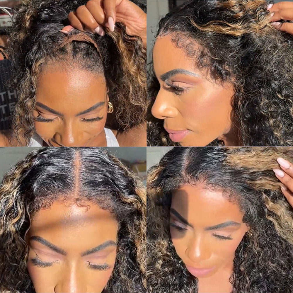 Zlike 4C Edge Curly Wigs Highlight Blonde Pre Cut Lace Front Human Hair Wigs 250% Density Pull To Wear Wigs