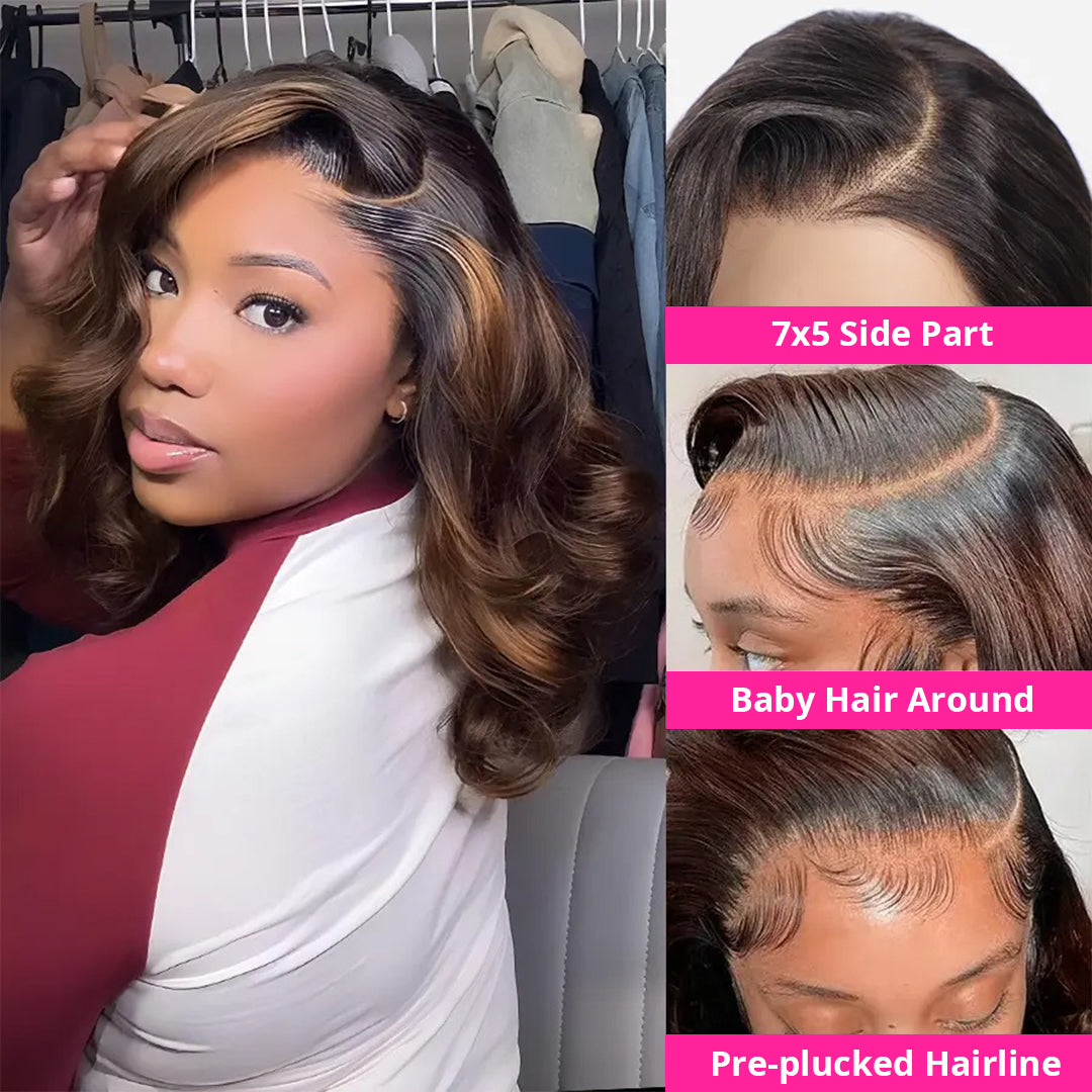 Zlike Hair Balayage Ombre Colored Body Wave Wigs 250% Density Side Part Layered Cut Lace Closure Wigs