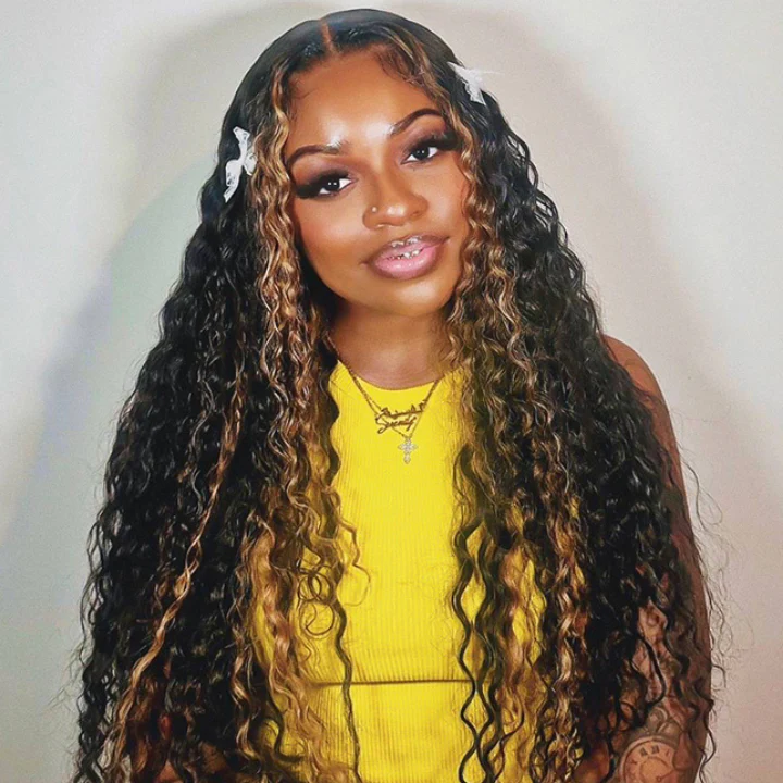 Highlight Honey Blonde Water Wave Lace Front/Closure Wigs Pre Cut Glueless Human Hair Wigs Put On And Go