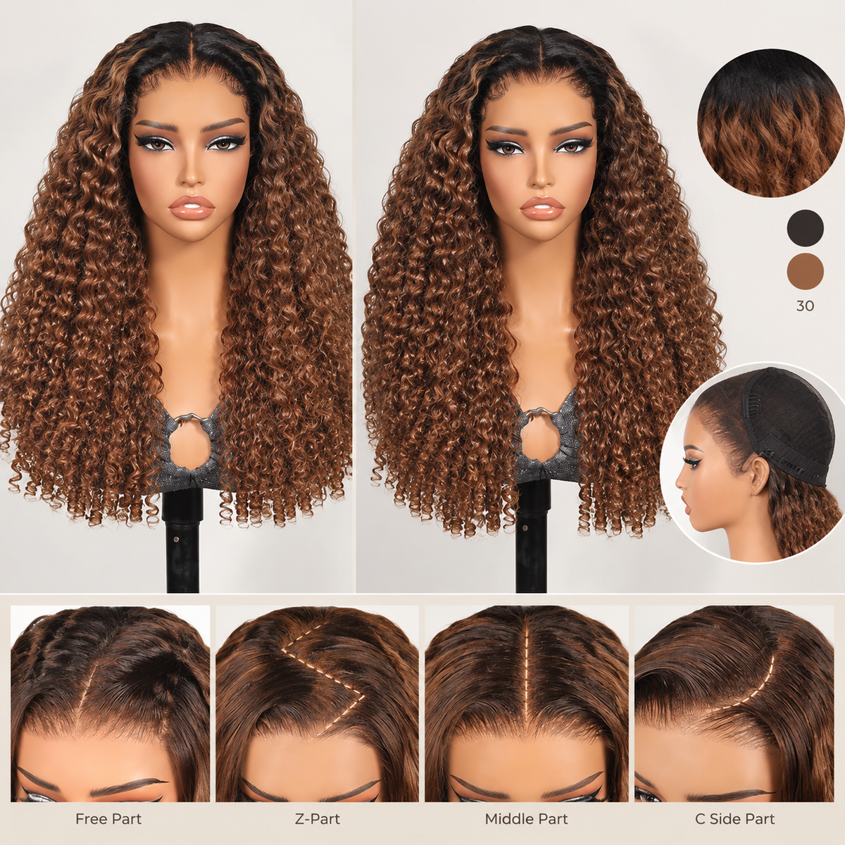 Zlike 13x6 Black Root with Reddish Brown Highlights Jerry Curly with Burmese Curly Human Hair Wig 250% Density Glueless Lace Front Wig