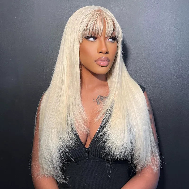 613 Blonde Straight Top Lace Wig With Bangs Natural Color Straight Glueless Human Hair Wigs