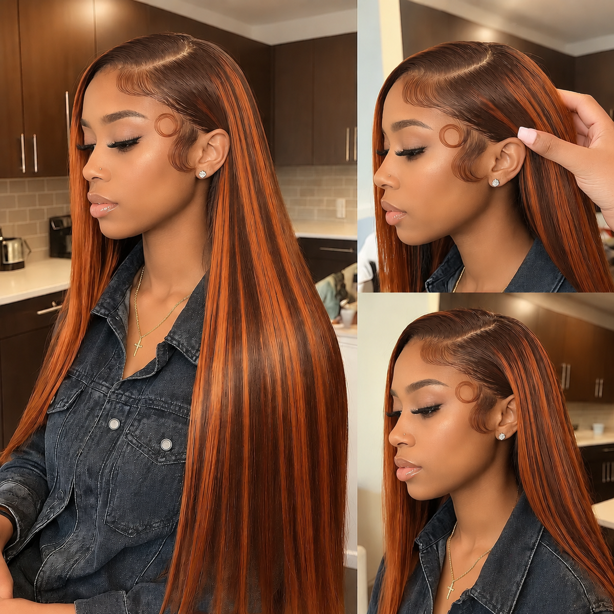 Zlike Pull Go 13x4 Lace Straight Auburn Ginger Highlight Glueless Wig with Drawstring Human Hair