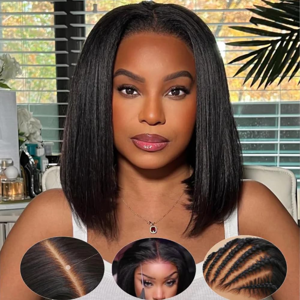 Zlike Yaki Straight Bob Pre Cut Lace Closure Wigs Human Hair Put On and Go Glueless wigs
