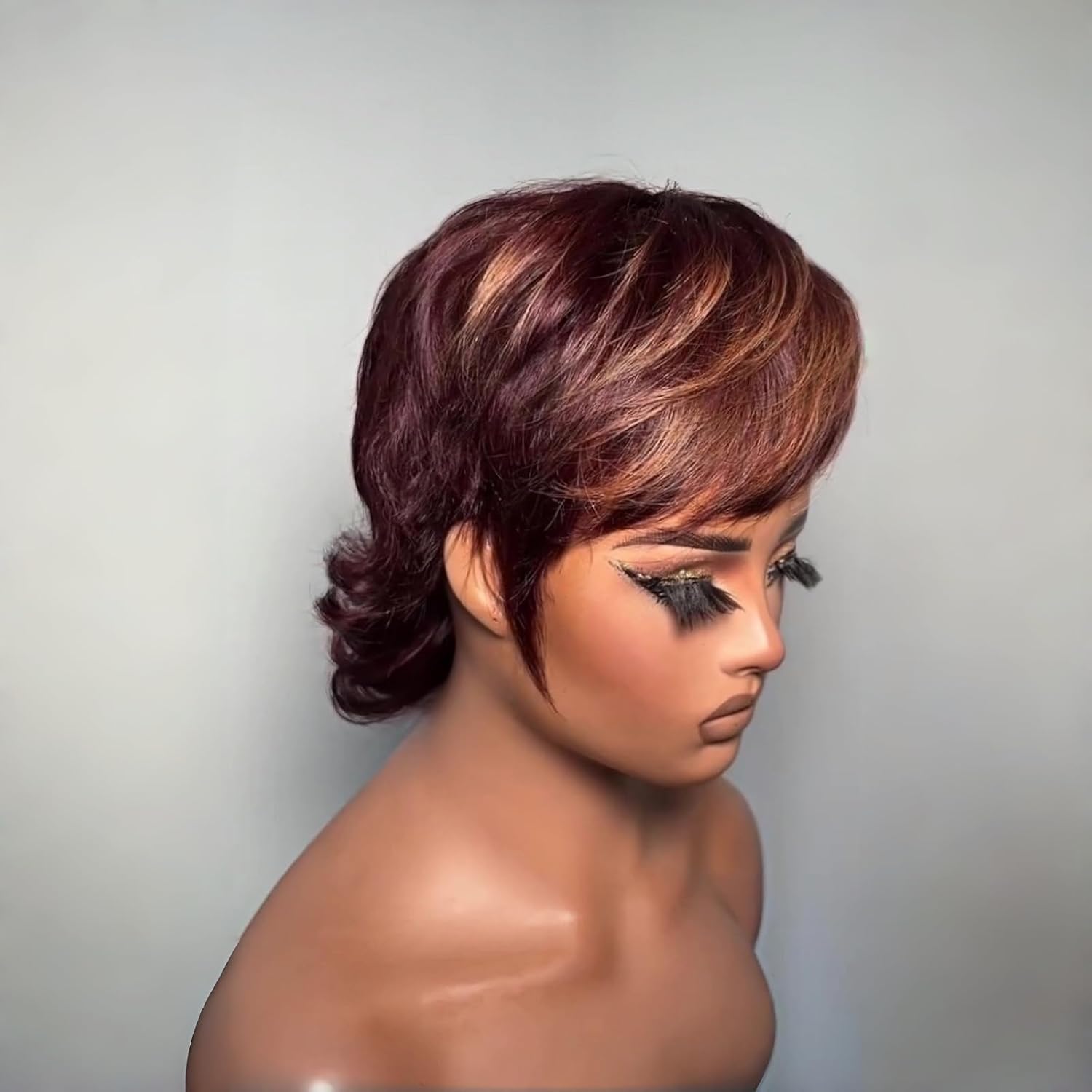 Zlike Brown & 33 Shaggy Mullet Pixie Cut Wig with Bangs Brazilian Virgin Human Hair Glueless Machine-Made Ready-to-Wear Wig
