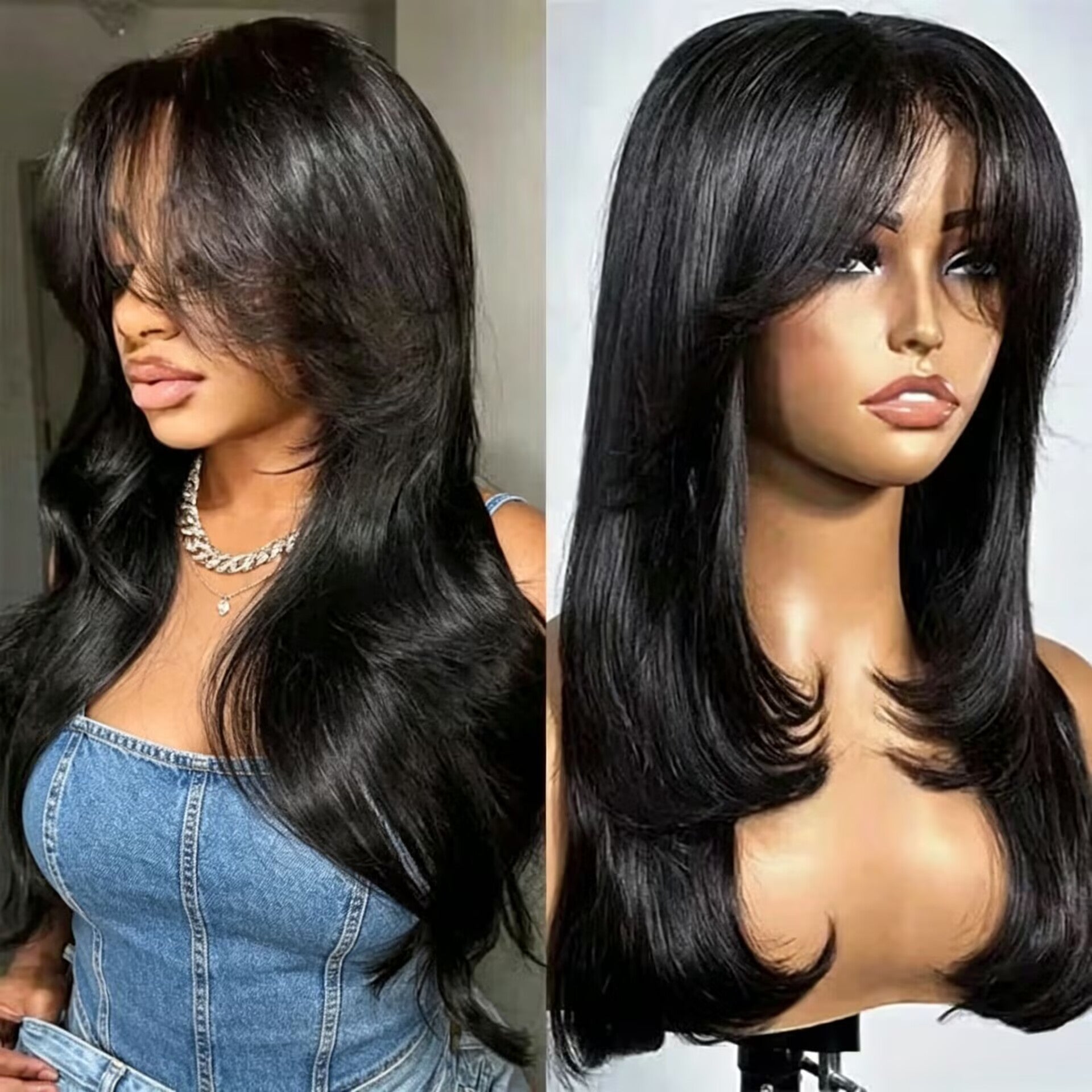 Zlike Layered Straight Curtain Bangs Glueless 13x4 Lace Frontal Wig Pre-Cut Human Hair Wig