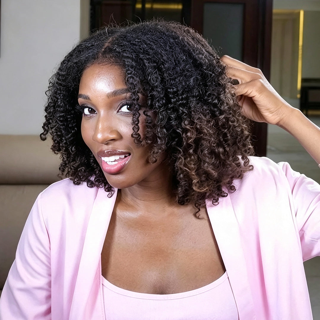 Zlike Ombre Black Brown Fluffy Afro Curly Coils Short Bob 4x4 Lace Frontal Human Hair Wigs