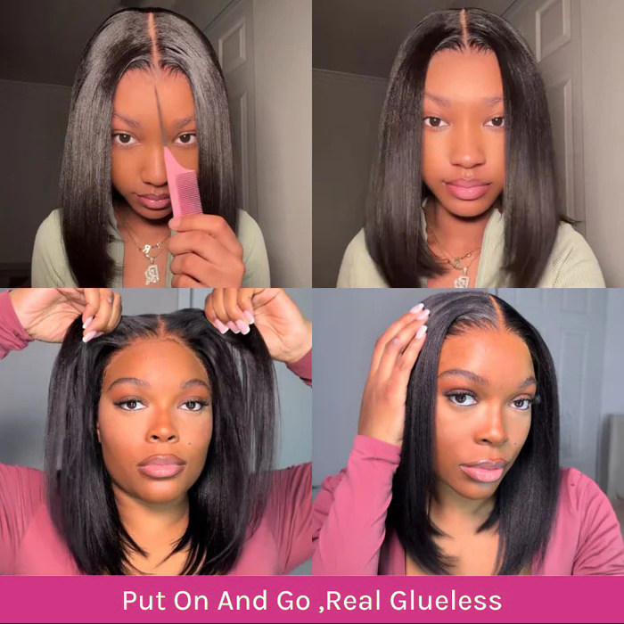 Zlike Yaki Straight Bob Pre Cut Lace Closure Wigs Human Hair Put On and Go Glueless wigs