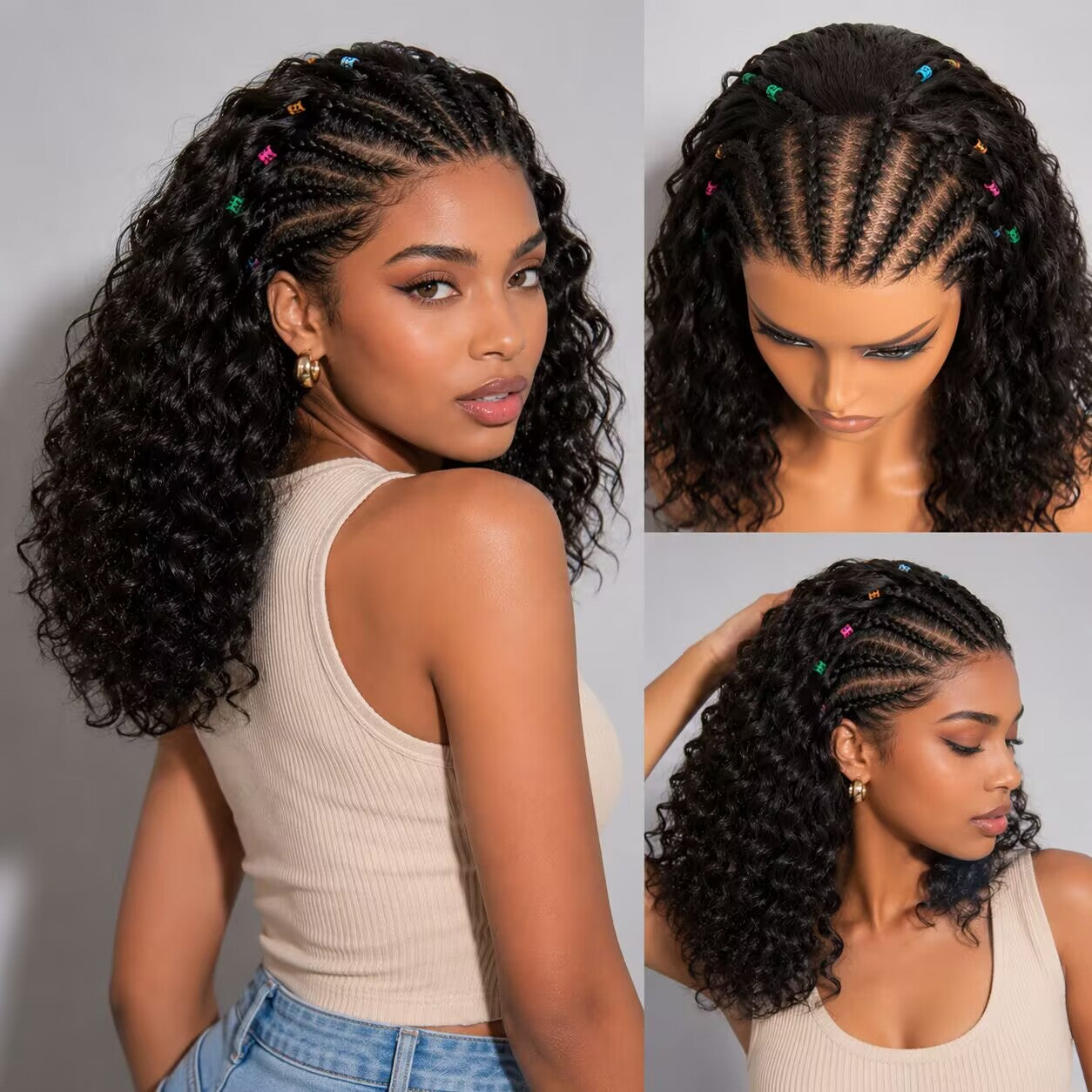 Zlike Boho Cornrow Braids Pre-Cut Lace 13x6 Lace Frontal Bohemian Curl Bob Wig human hair