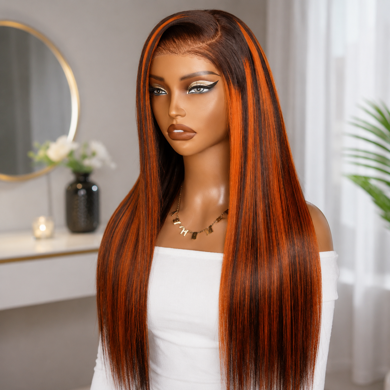 Zlike Pull Go 13x4 Lace Straight Auburn Ginger Highlight Glueless Wig with Drawstring Human Hair