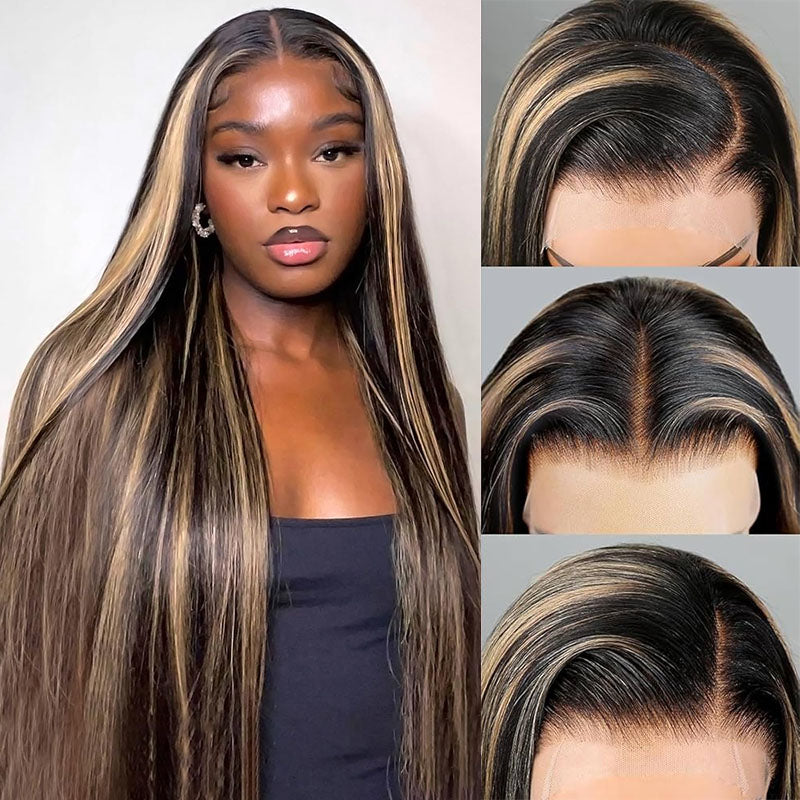 Balayage Highlight Colored Straight Wigs 13x4 Lace Frontal Wigs With Baby Hair