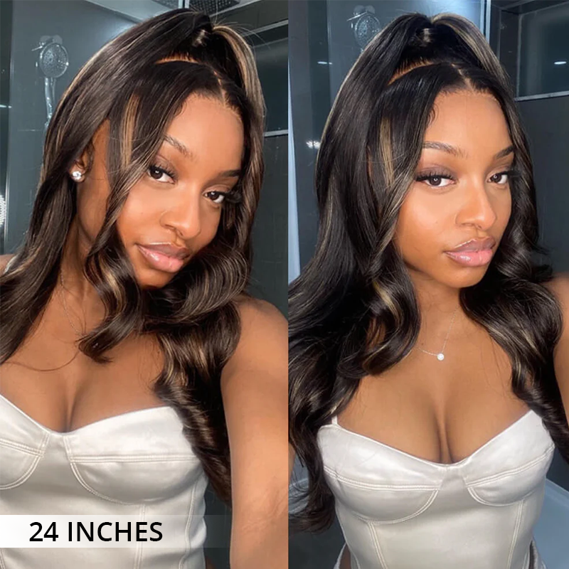 Golden Highlight Colored Body Wave Wigs Pre Cut Lace Front Human Hair Glueless Wigs With Natural Hairline