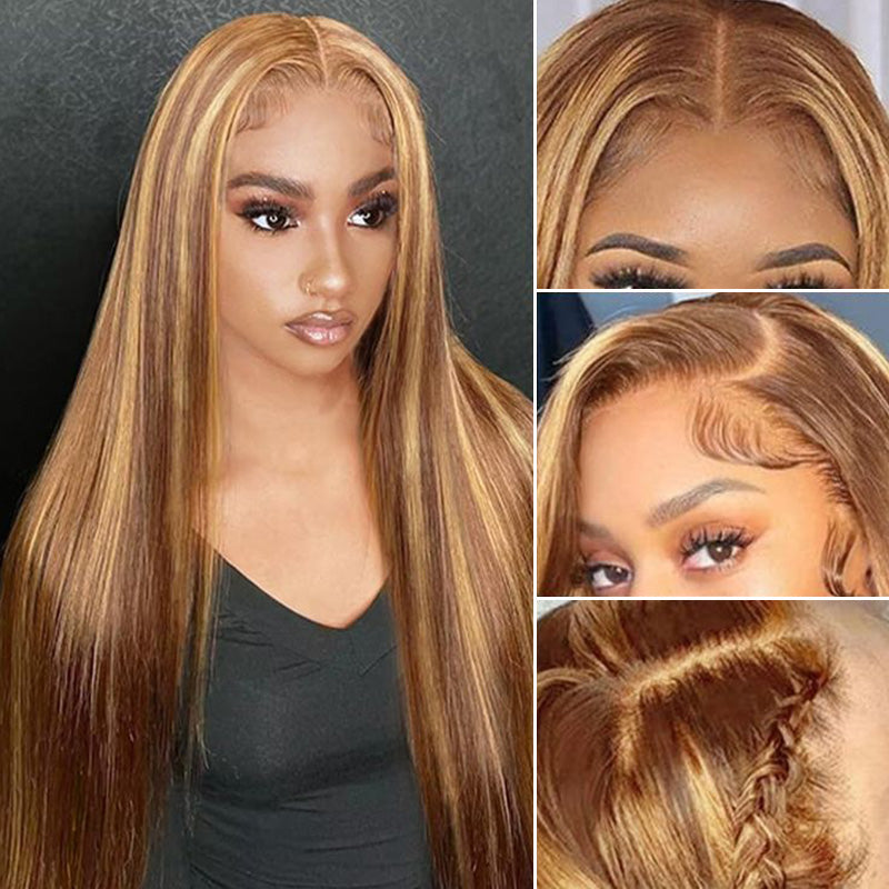 Flash Sale | Honey Blonde Highlight Transparent Lace Front Straight Wigs Long Natural Wave Wigs 100% Human Hair