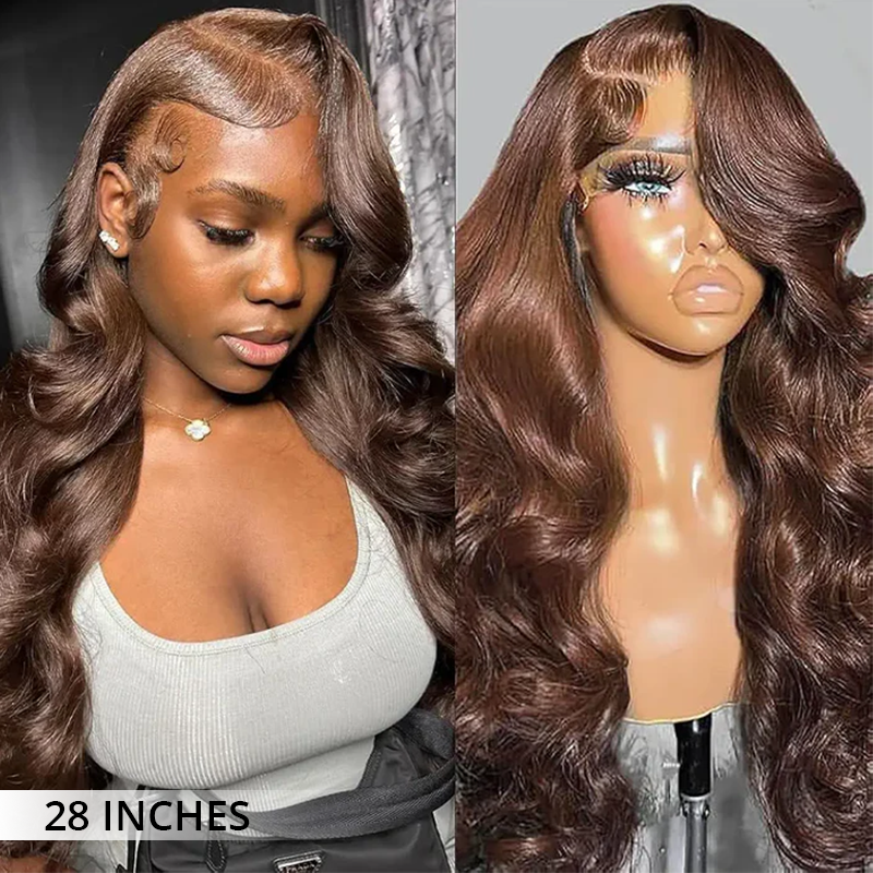 Zlike 200% Density #4 Chocolate Brown Straight Body Wave 13x4 Lace Front Wigs Pre Plucked Human Hair Wigs