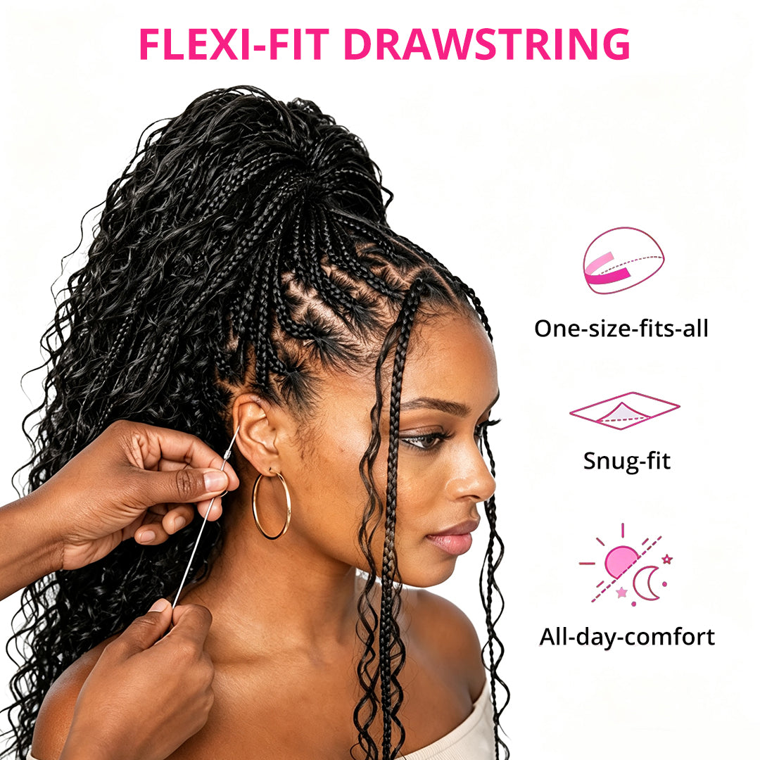 Zlike Light Weight Flexi-Fit Invisi Drawstring Cap Full Lace Knotless Boho Curls Braided Long Wig Super Natural Scalp Pre-Cut Lace