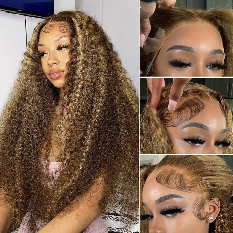 Natural Hairline Kinky Curly Lace Wig #4/27 Honey Blonde Highlights Colored Human Hair Wigs