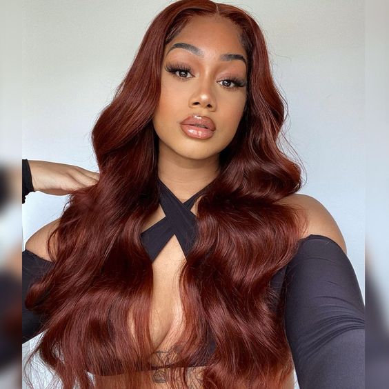 #33 Reddish Brown Colored Body Wave 180% Density 13x4 Lace Front Human Hair Wig With Baby Hair