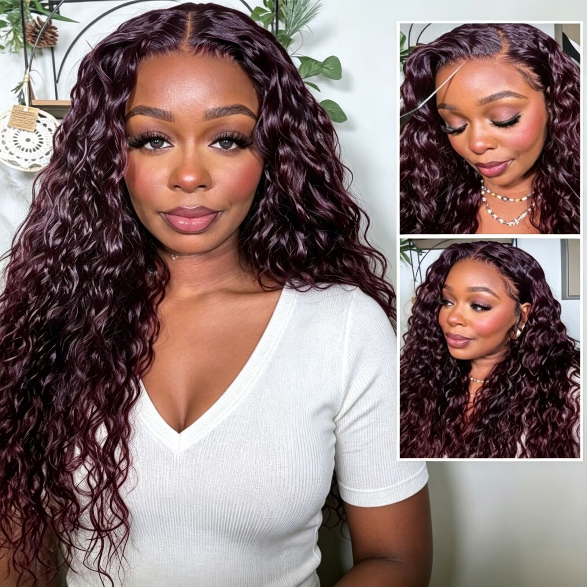 Zlike Dark Plum Black Cherry Water Wave Human Hair Wig Glueless Drawstring Lace Frontal Wig Invisible Lace Natural Hairline