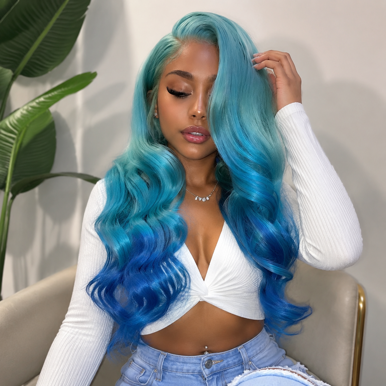 Zlike Ombre Purple Pink Blue 3D Body Wave Lace Frontal Wig 13x4 Transparent Lace Human Hair Wig