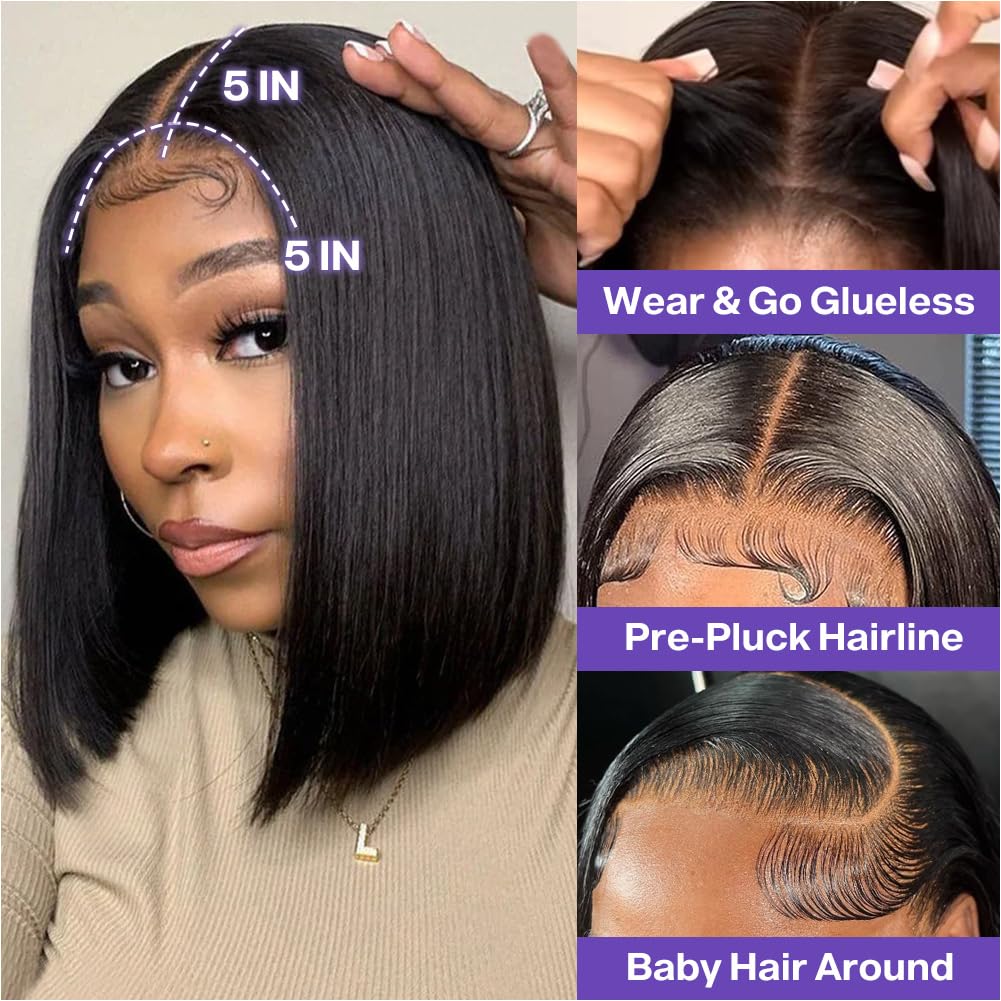 Glueless Short Bob Silky Straight 5x5 HD Lace Closure Wig Pre Cut Human Hair Lace Wigs