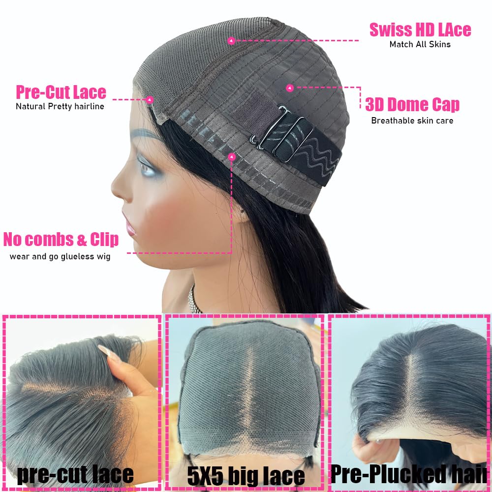 Glueless Short Bob Silky Straight 5x5 HD Lace Closure Wig Pre Cut Human Hair Lace Wigs