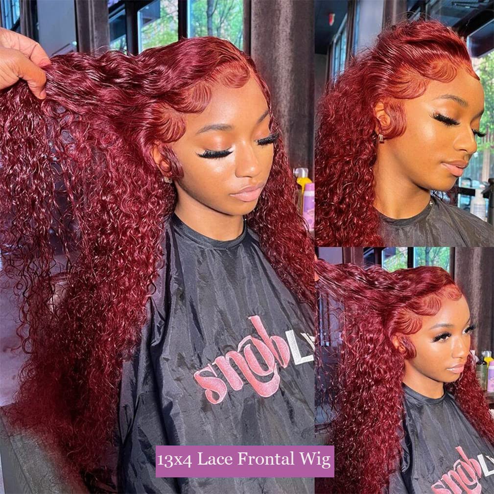 Pre Plucked 99J Burgundy Human Hair Wigs 13x4 Deep Wave Transparent Lace Front Wig With Baby Hair