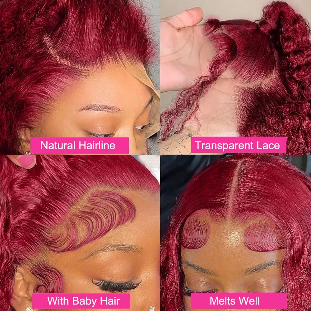 Pre Plucked 99J Burgundy Human Hair Wigs 13x4 Deep Wave Transparent Lace Front Wig With Baby Hair