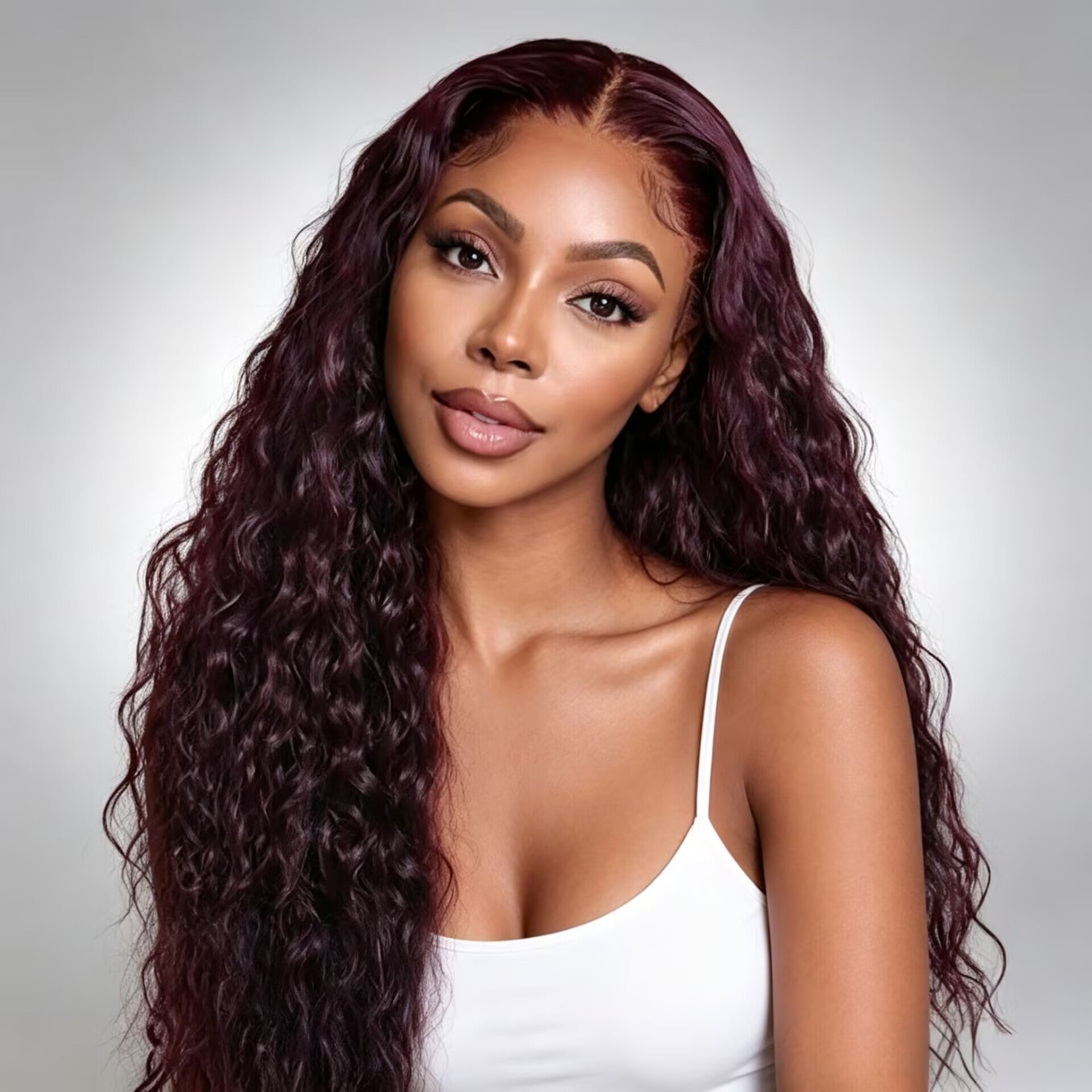 Zlike Dark Plum Black Cherry Water Wave Human Hair Wig Glueless Drawstring Lace Frontal Wig Invisible Lace Natural Hairline