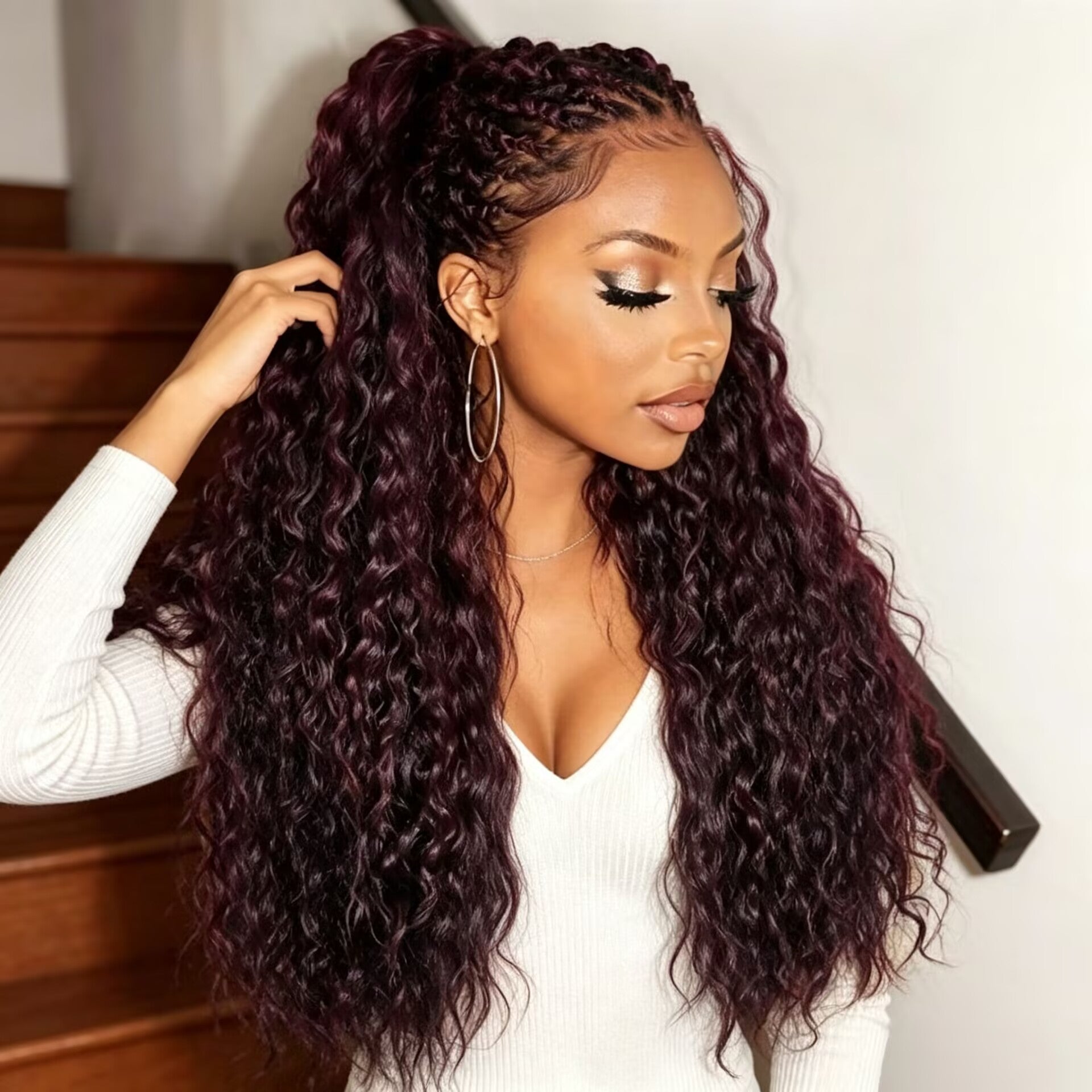 Zlike Dark Plum Black Cherry Water Wave Human Hair Wig Glueless Drawstring Lace Frontal Wig Invisible Lace Natural Hairline