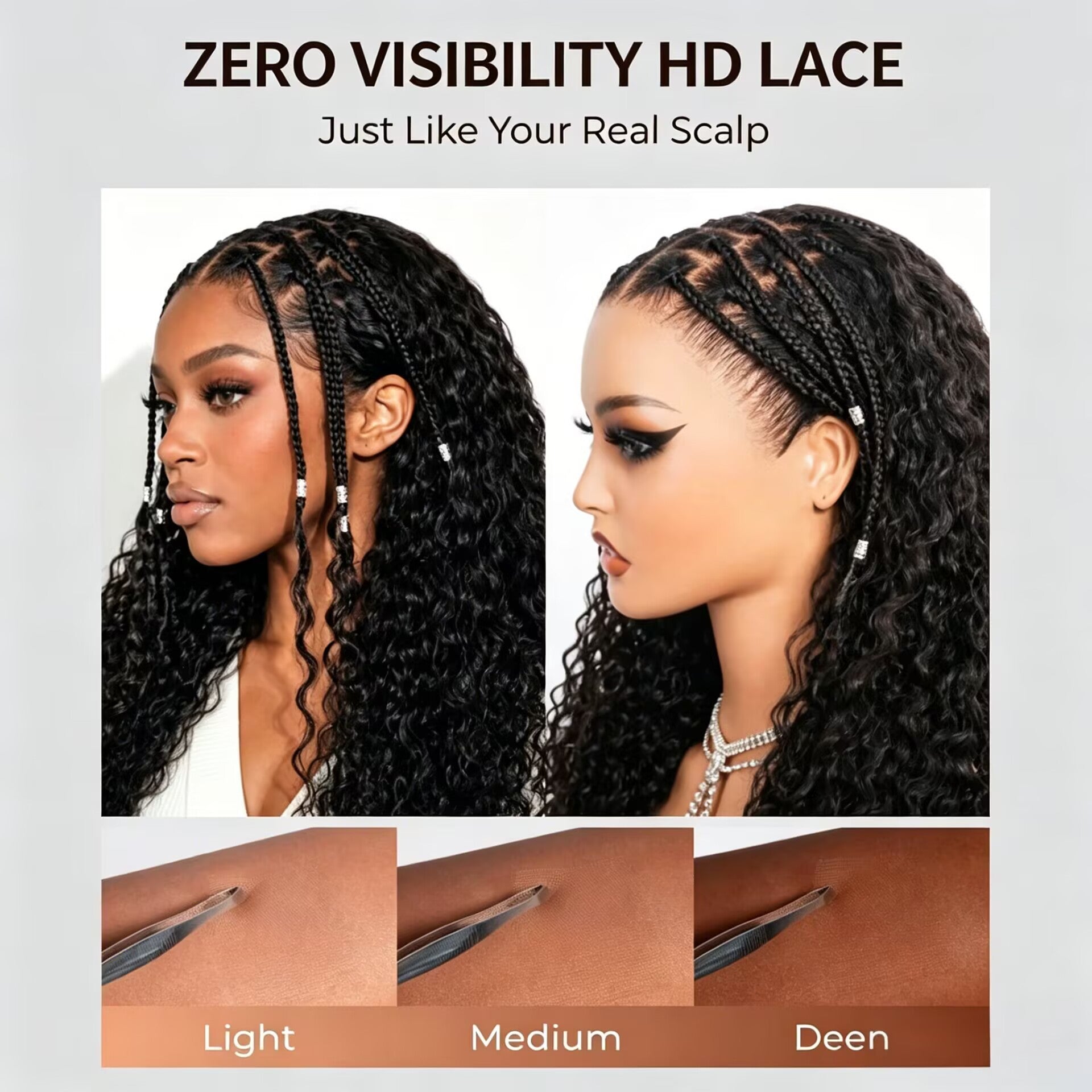 Zlike Knotless Box Braids 13x6 Lace Frontal Boho Deep Curly Glueless Wig With Drawstring Natural Black 100% Human Hair