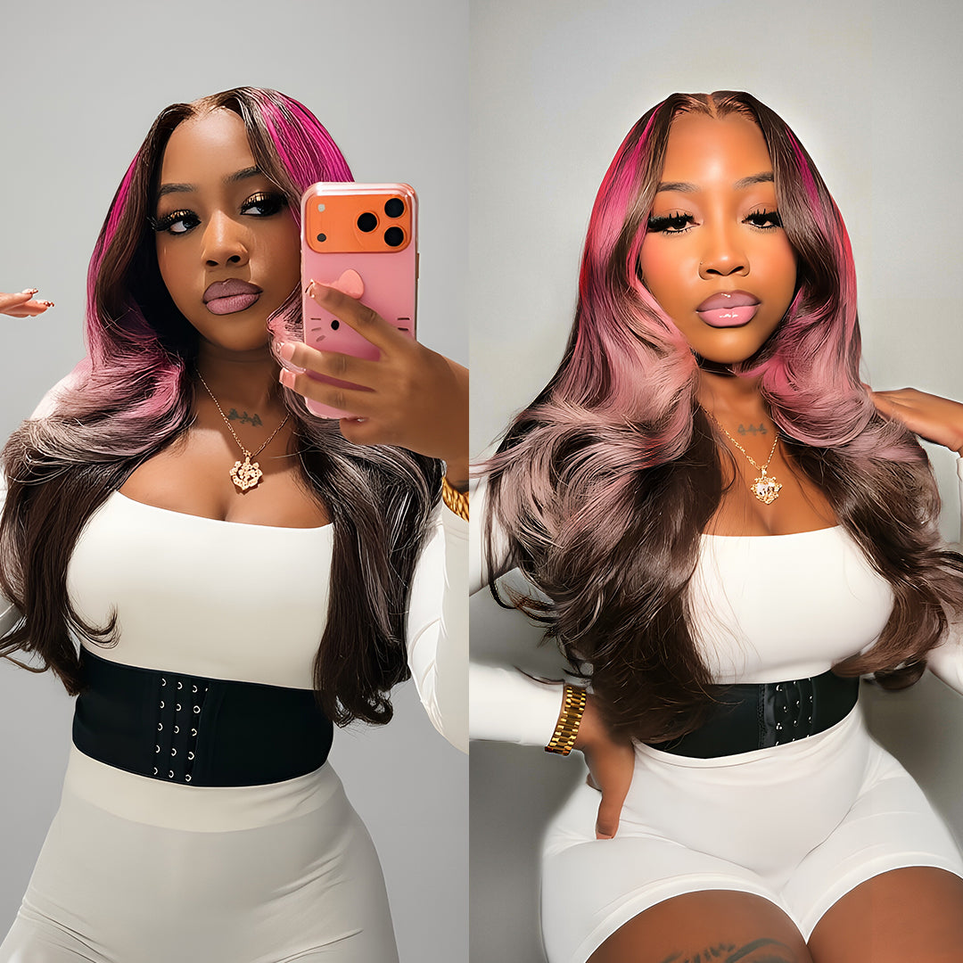 Zlike Pink Money Piece Smoky Ombre Body Wave Human Hair Glueless Wigs Pre-Cut 13x4 Transparent Lace Wigs