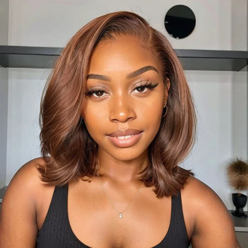 Zlike 250% Density Pre Styled Salon Quality Side Part #4 Chocolate Brown Lace Front Natural Blowout Curve Bob Wigs Human Hair