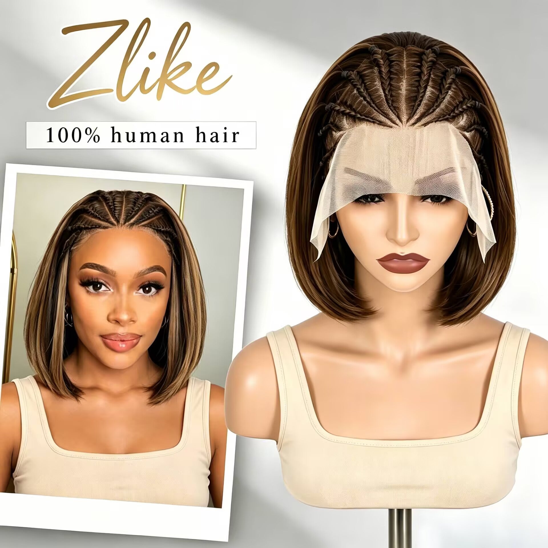 Zlike 7x5 Pre-Cut Lace Bohemian Braids Straight Bob Wig Glueless Human Hair Wig Ready to Wear