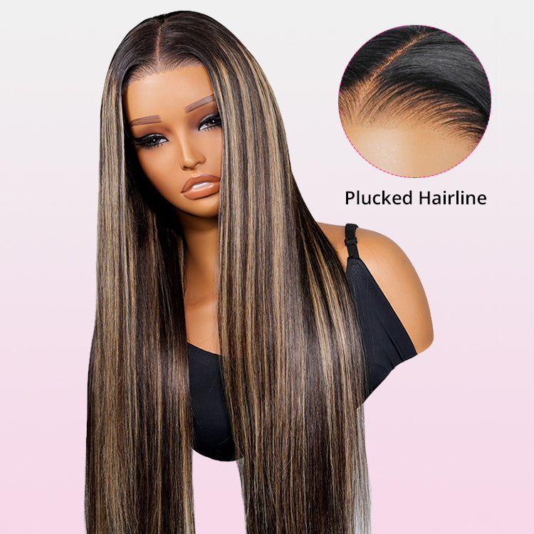 Zlike 300% Density Highlight Balayage Piano Colored Straight Body Wave Wigs Human Hair Lace Front Super Invisible Lace Wig