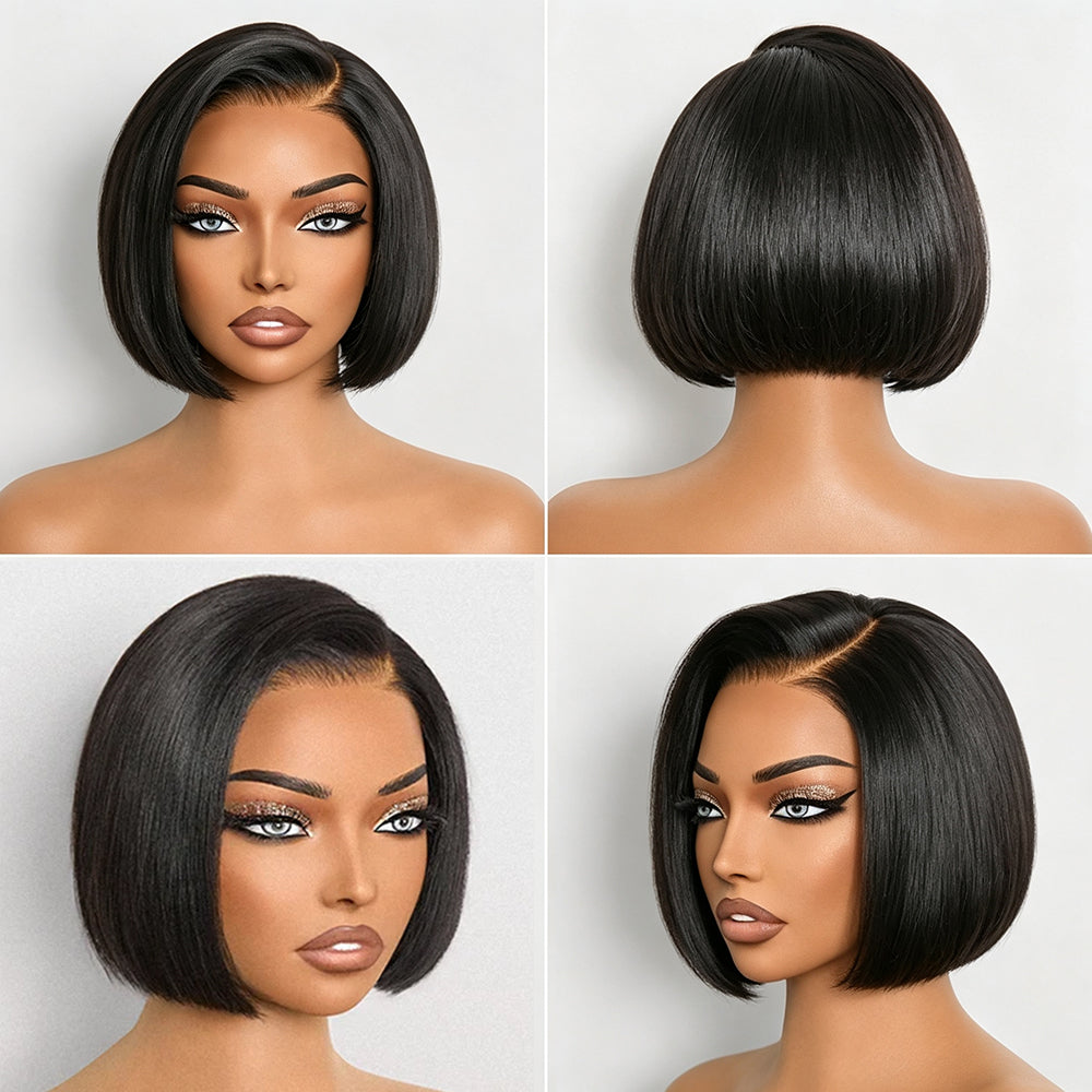 Zlike 180% Density Sleek Short Bob Wigs Pre-Cut Transparent Lace Glueless Human Hair Wigs Natural Hairline