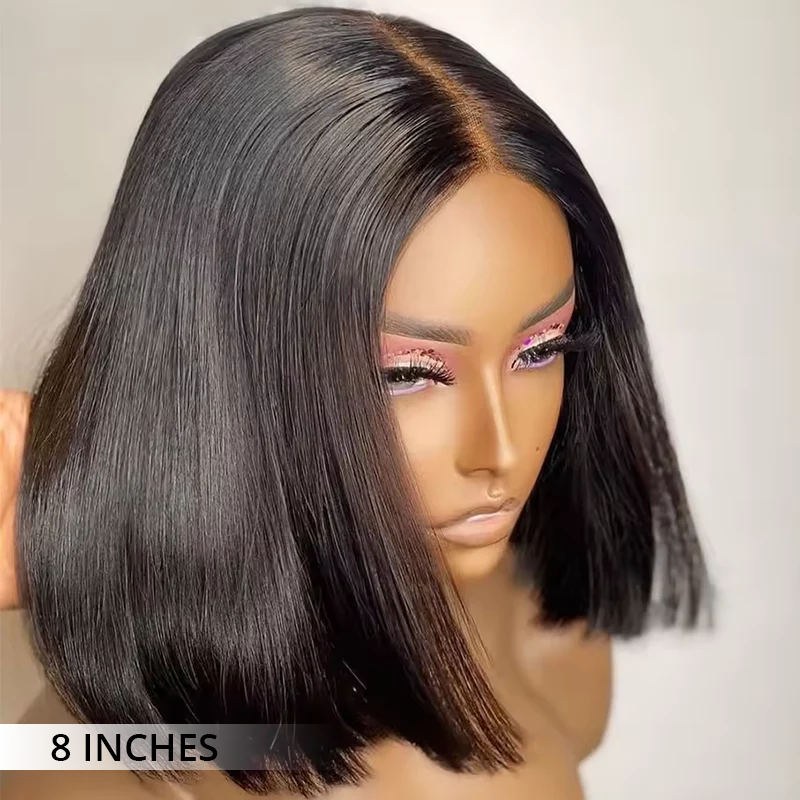 300% Density Bob Lace Wig Pre Cut Straight Human Hair Lace Closure Wigs Bleach Knots