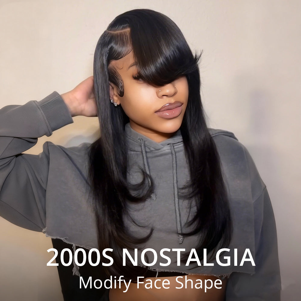 Zlike Y2k Layered Cut Straight Wigs 100% Human Hair Lace Closure Wigs With Side Bangs