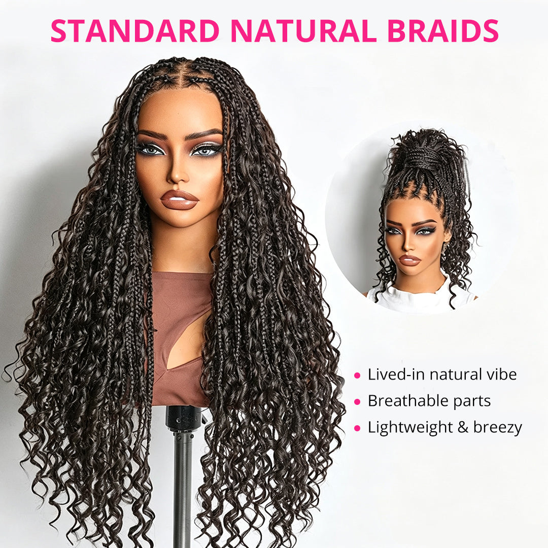 Zlike Light Weight Flexi-Fit Invisi Drawstring Cap Full Lace Knotless Boho Curls Braided Long Wig Super Natural Scalp Pre-Cut Lace